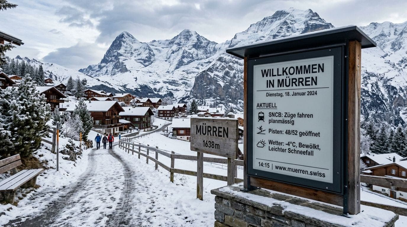 eInk-Outdoor-Infoscreen in einem Alpendorf im Winter