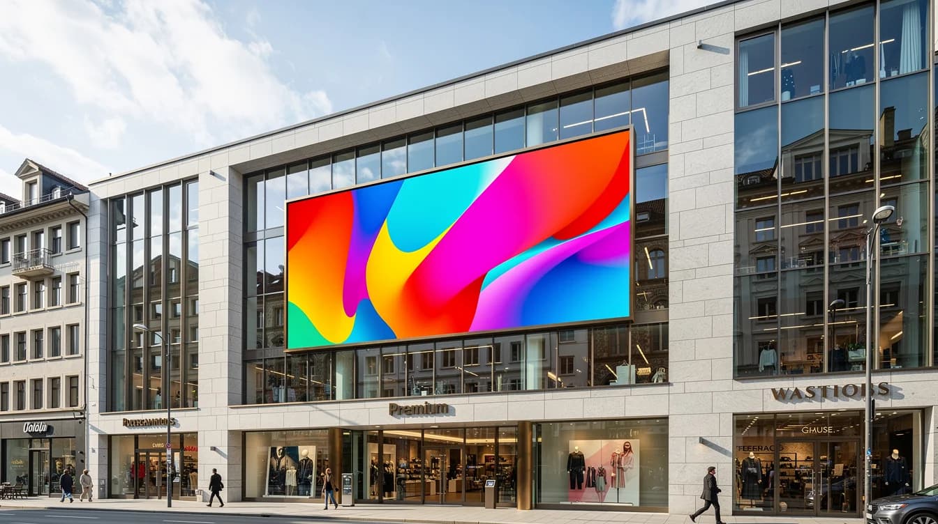 Outdoor-LED-Werbescreen an einer modernen Gewerbe-Immobilie