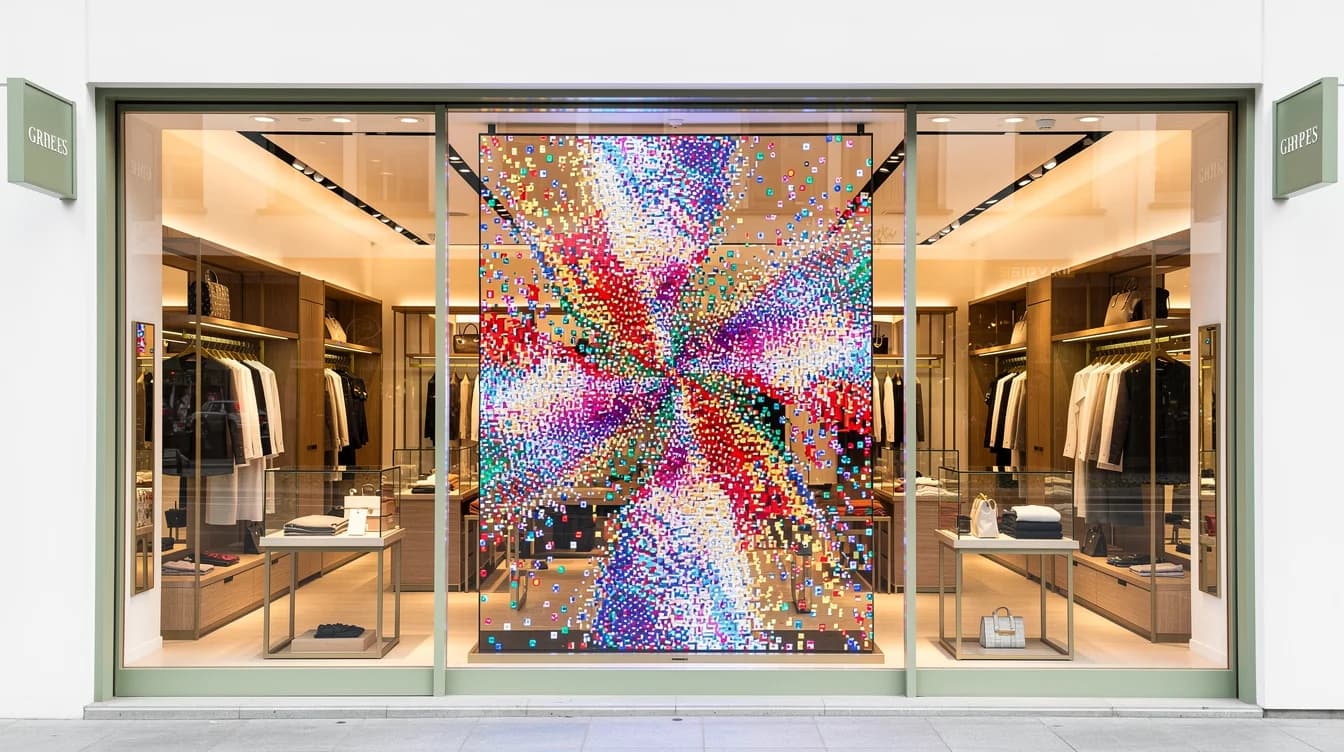 Transparenter LED-Screen vor Glasfassade